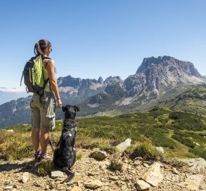 Hiker with dog overlooking mountains.